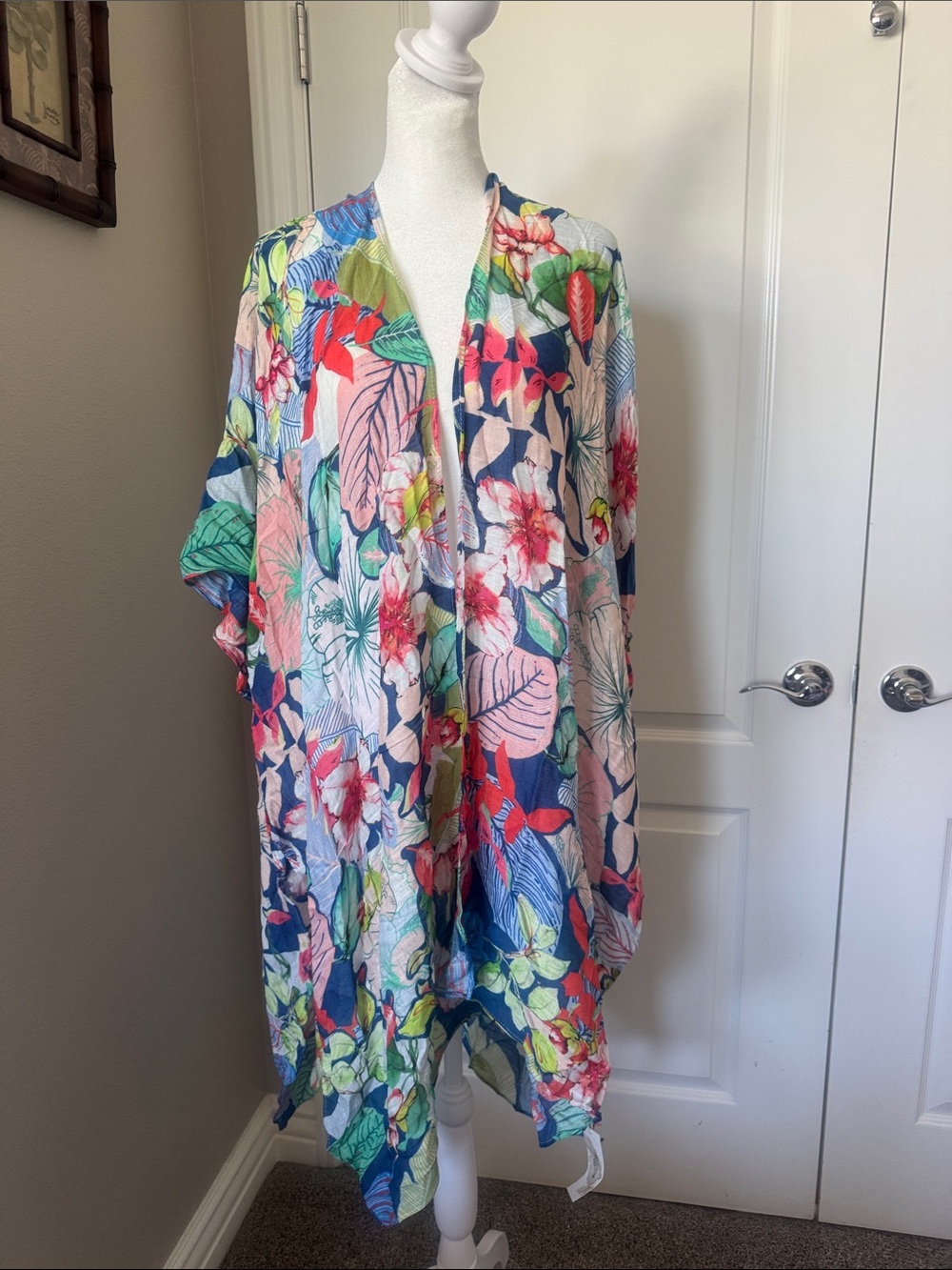 Tropical Floral Kimono Cover-Up in Blue & Pink